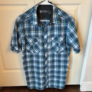 Kuhl Eluxur Pearl Snap short sleeve Men's Blue White Plaid Shirt size medium EUC